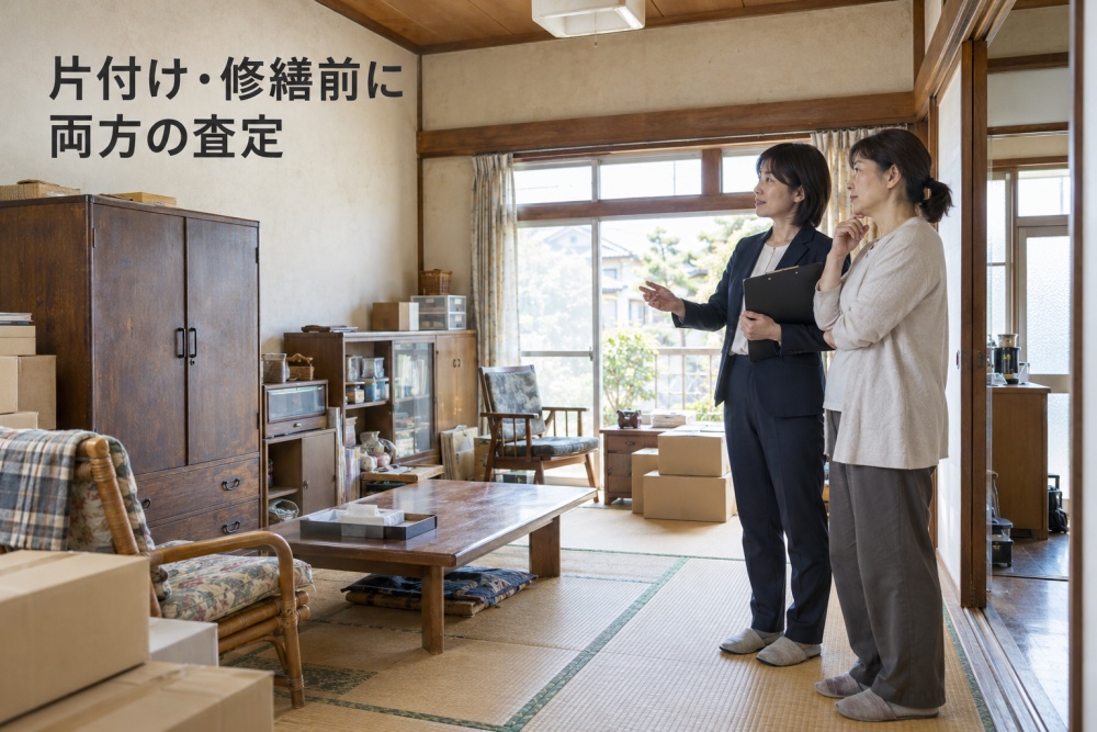 片付け前の和室を査定する二人-4